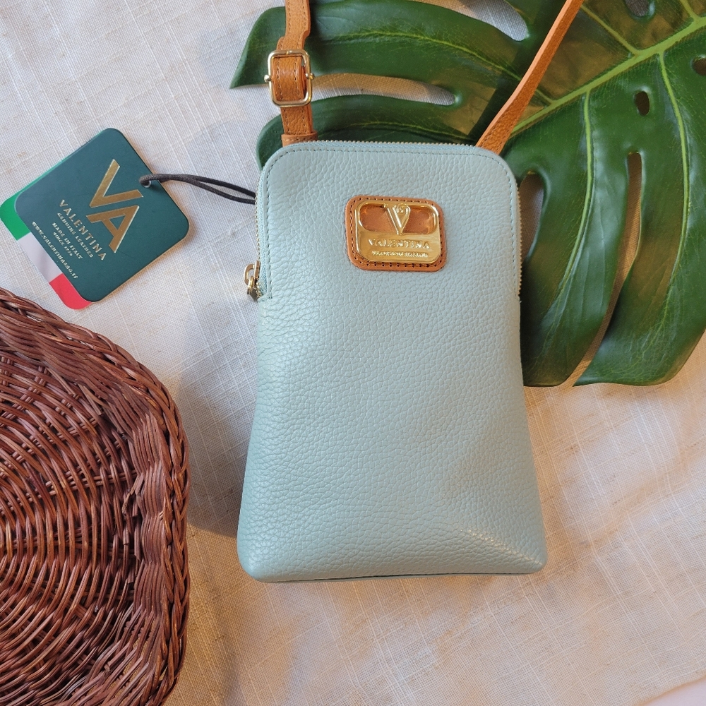 Valentina Italian Pebbled Leather Purse Small Mint Green Crossbody Phone Bag